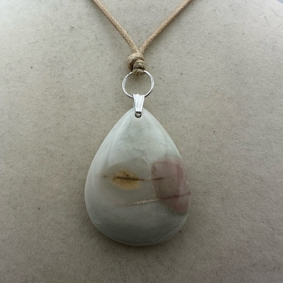 Light Polychrome Jasper Pendant Necklace on Tan Adjustable Rope - Picture 6 of 8